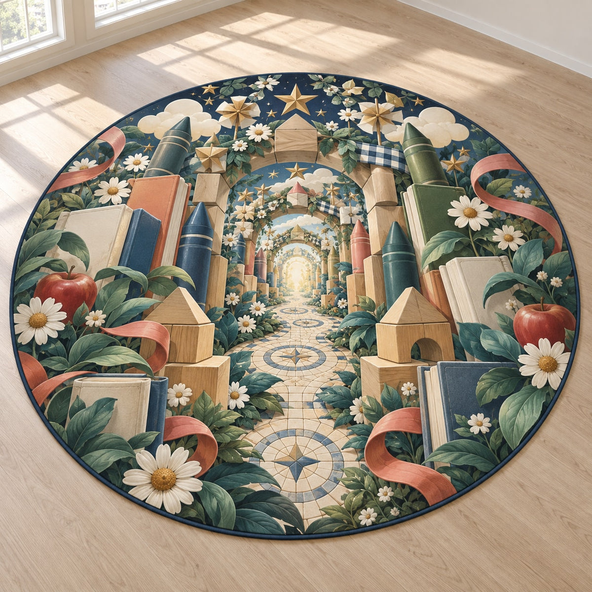 Kindergarten Wonder Garden Area Rug with dimensional printed themed artwork; representative AI-generated mockup.