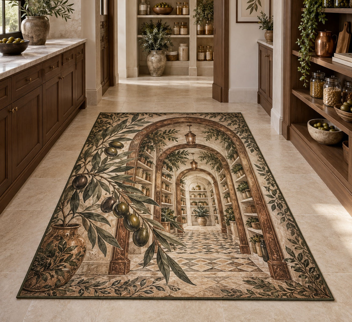 Olive Branch Pantry Area Rug with dimensional printed themed artwork; representative AI-generated mockup.