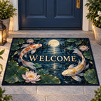 Celestial Koi Welcome Mat with dimensional printed themed artwork; representative AI-generated mockup.