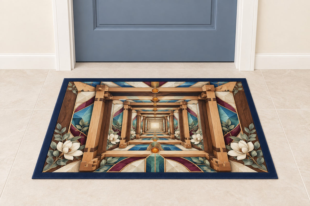 Timber Joinery Atrium Welcome Mat with dimensional printed themed artwork; representative AI-generated mockup.