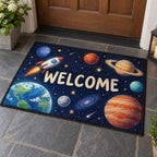 Space Explorer Planets Welcome Mat with dimensional printed themed artwork; representative AI-generated mockup.