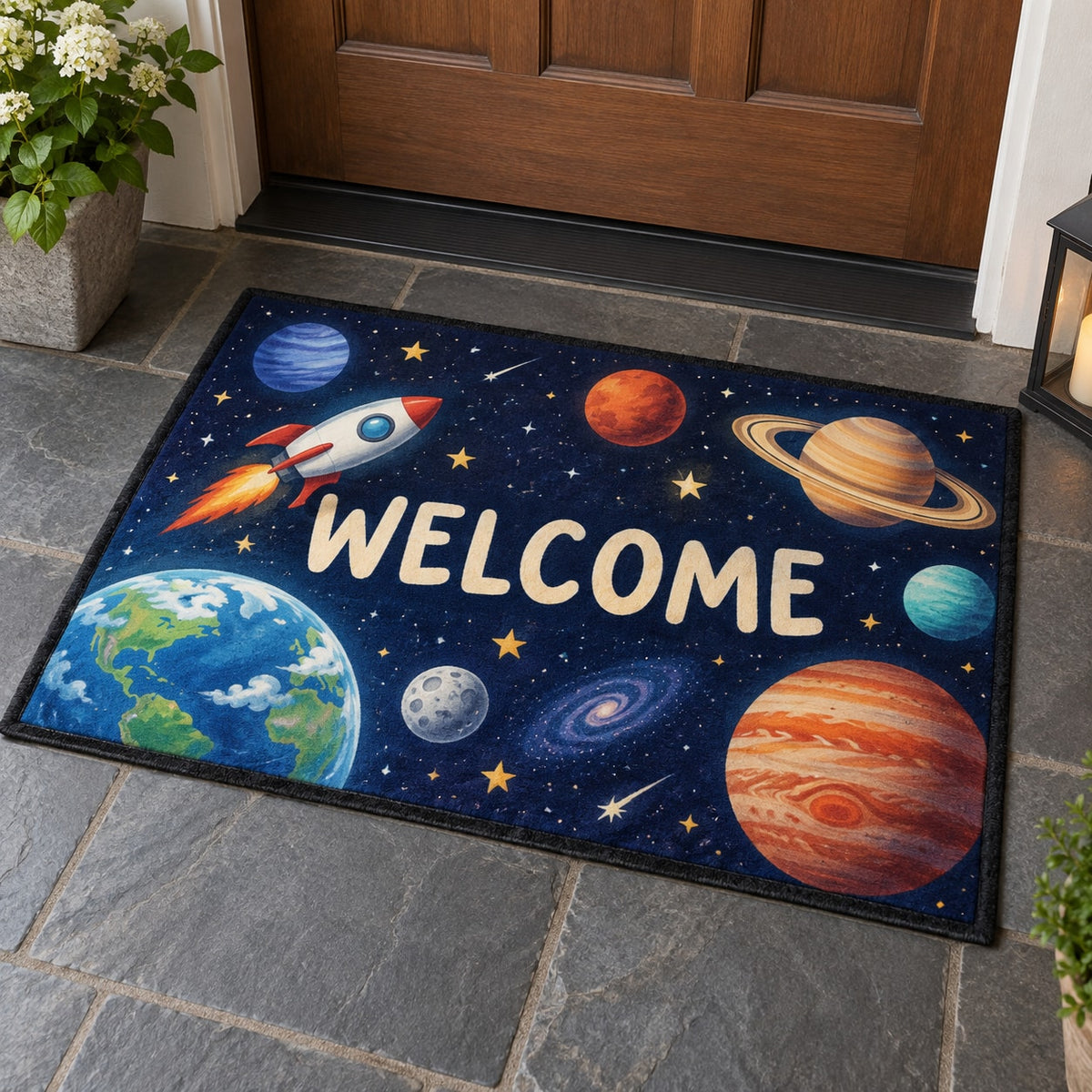 Space Explorer Planets Welcome Mat with dimensional printed themed artwork; representative AI-generated mockup.