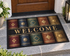 Anonymous Book Spines Welcome Mat with dimensional printed themed artwork; representative AI-generated mockup.