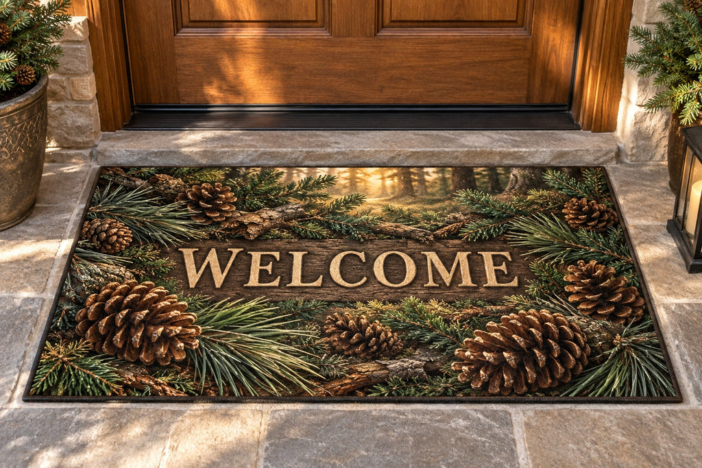 Pinecones and Needles Welcome Mat with dimensional printed themed artwork; representative AI-generated mockup.