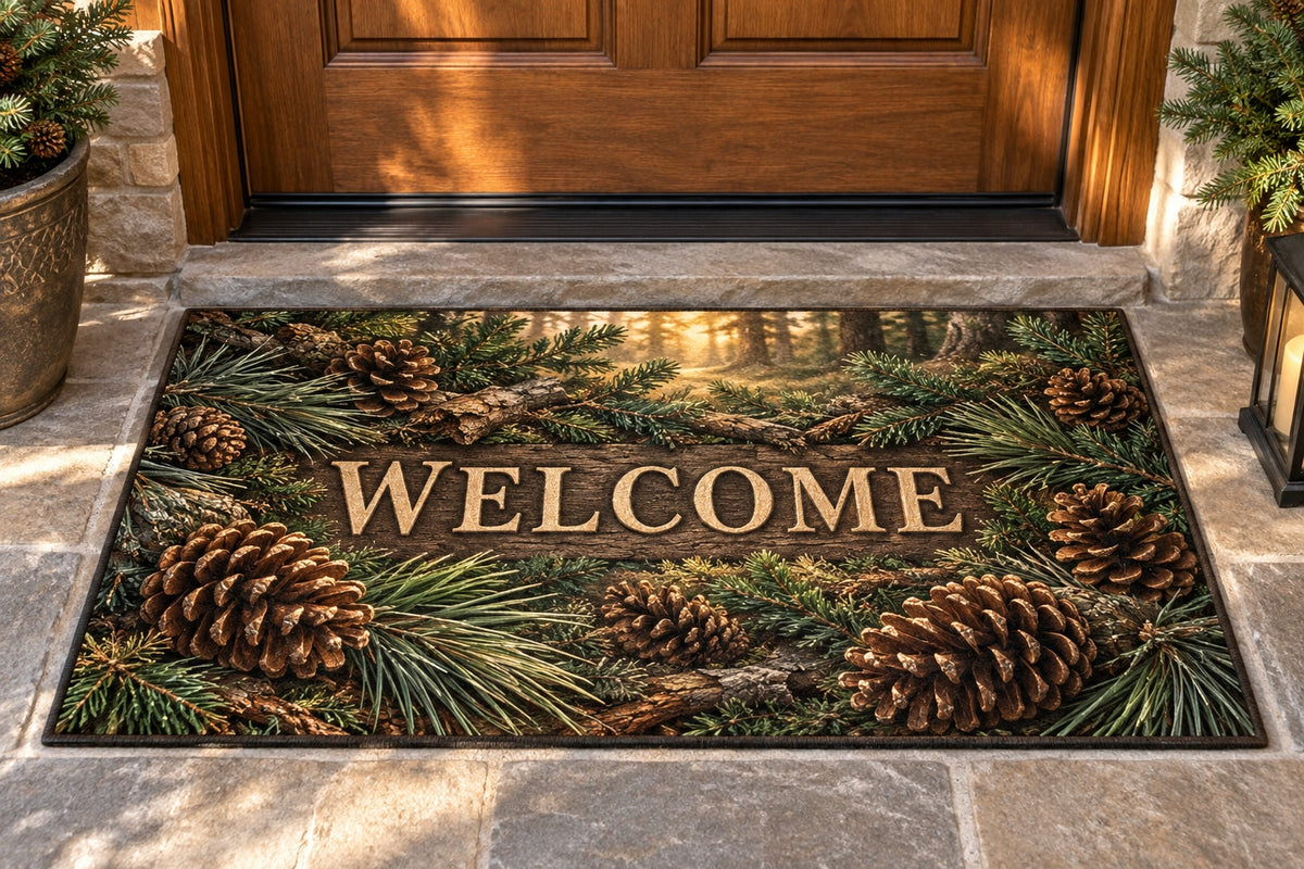 Pinecones and Needles Welcome Mat with dimensional printed themed artwork; representative AI-generated mockup.