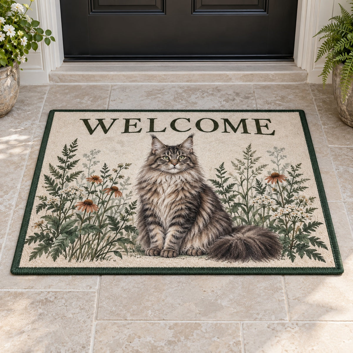 Maine Coon Cat Companion Welcome Mat with dimensional printed themed artwork; representative AI-generated mockup.