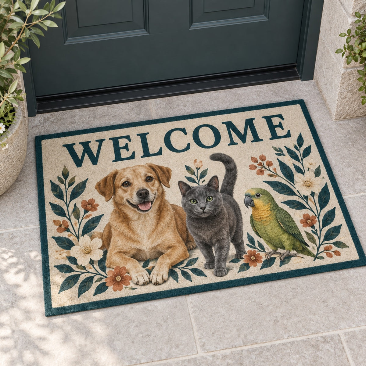 Multi Pet Household Welcome Mat with dimensional printed themed artwork; representative AI-generated mockup.