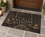 Dark Academia Library Welcome Mat with dimensional printed themed artwork; representative AI-generated mockup.