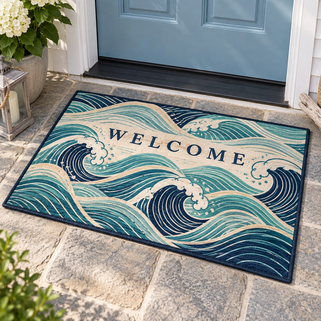 Ocean Wave Linework Welcome Mat with dimensional printed themed artwork; representative AI-generated mockup.