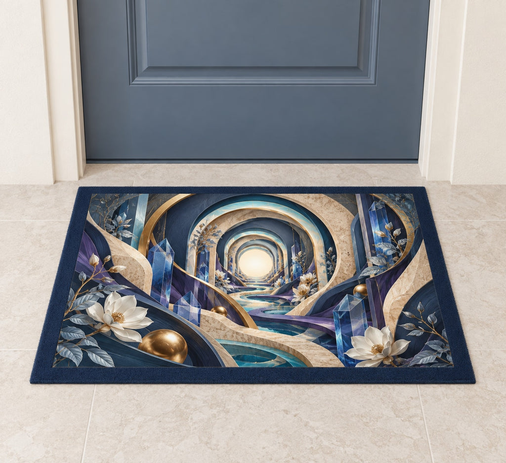 Spatial Prism Atelier Welcome Mat with dimensional printed themed artwork; representative AI-generated mockup.