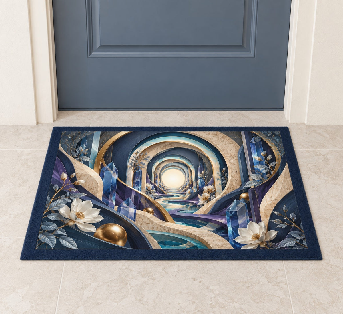 Spatial Prism Atelier Welcome Mat with dimensional printed themed artwork; representative AI-generated mockup.