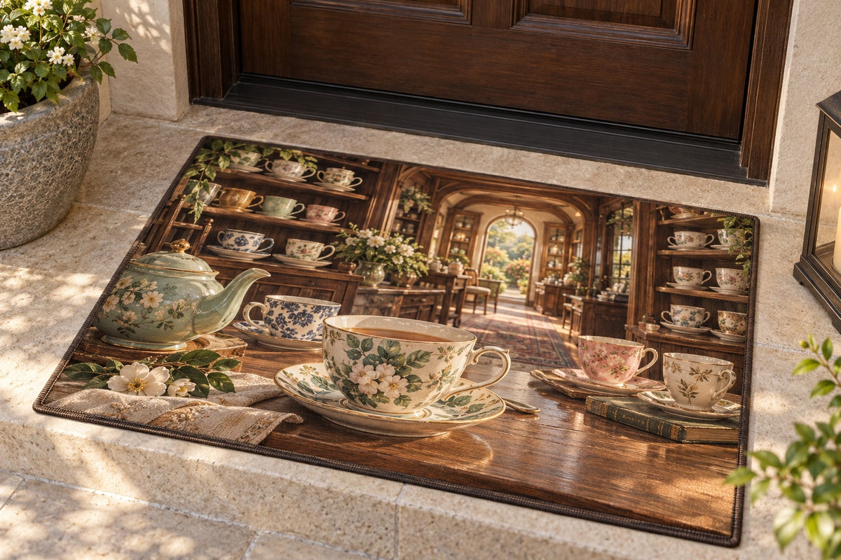Tea Cup Collection Welcome Mat with dimensional printed themed artwork; representative AI-generated mockup.