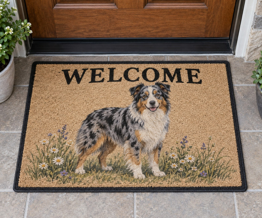 Australian Shepherd Welcome Mat with dimensional printed themed artwork; representative AI-generated mockup.