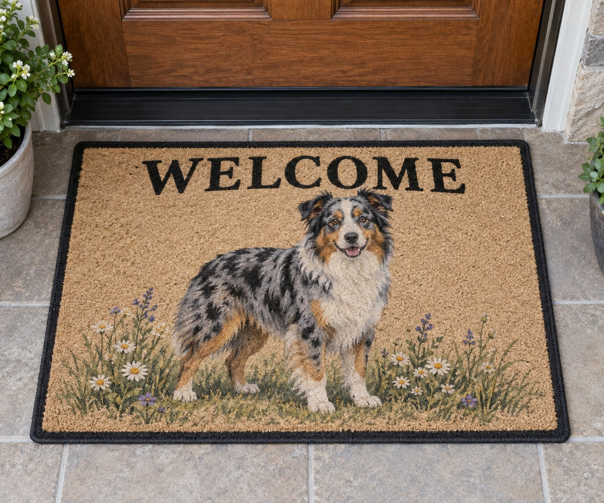 Australian Shepherd Welcome Mat with dimensional printed themed artwork; representative AI-generated mockup.
