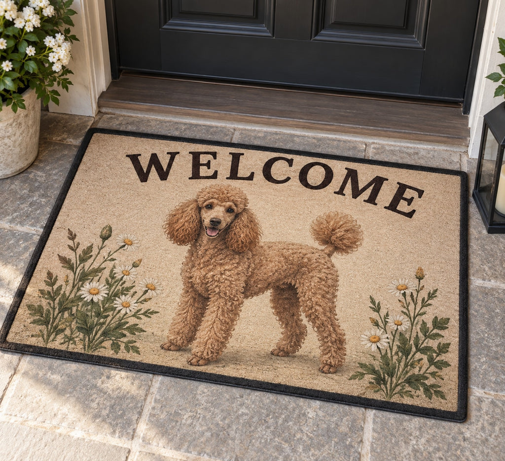 Poodle Welcome Mat with dimensional printed themed artwork; representative AI-generated mockup.