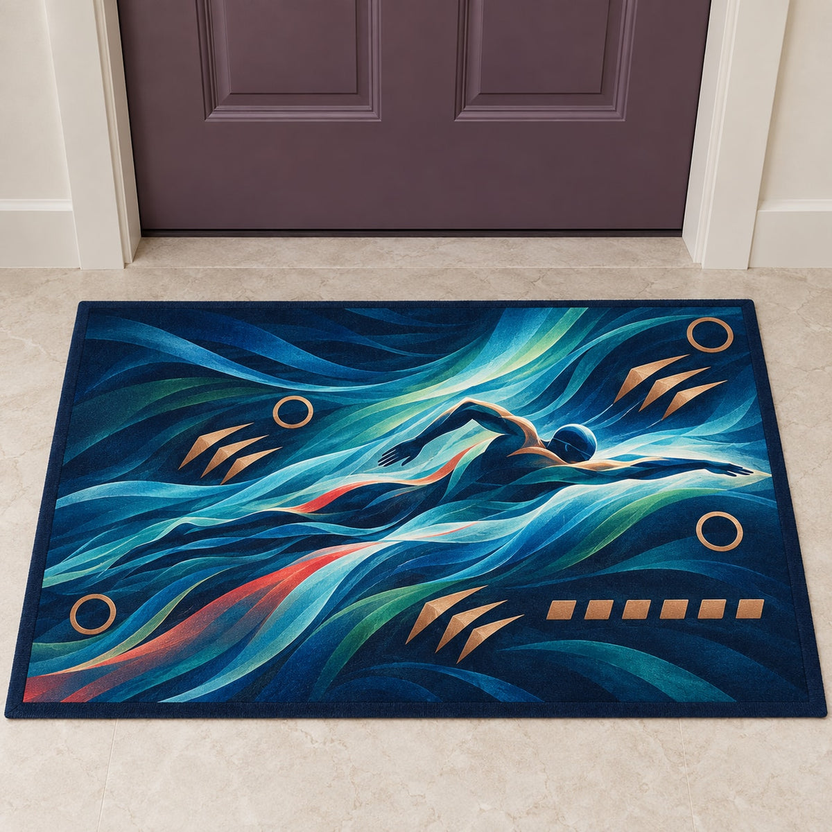 Luminous Lane Resonance Welcome Mat with dimensional printed themed artwork; representative AI-generated mockup.