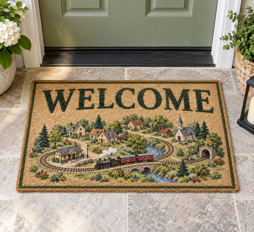Storybook Train Village Map Welcome Mat with dimensional printed themed artwork; representative AI-generated mockup.