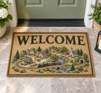 Storybook Train Village Map Welcome Mat with dimensional printed themed artwork; representative AI-generated mockup.