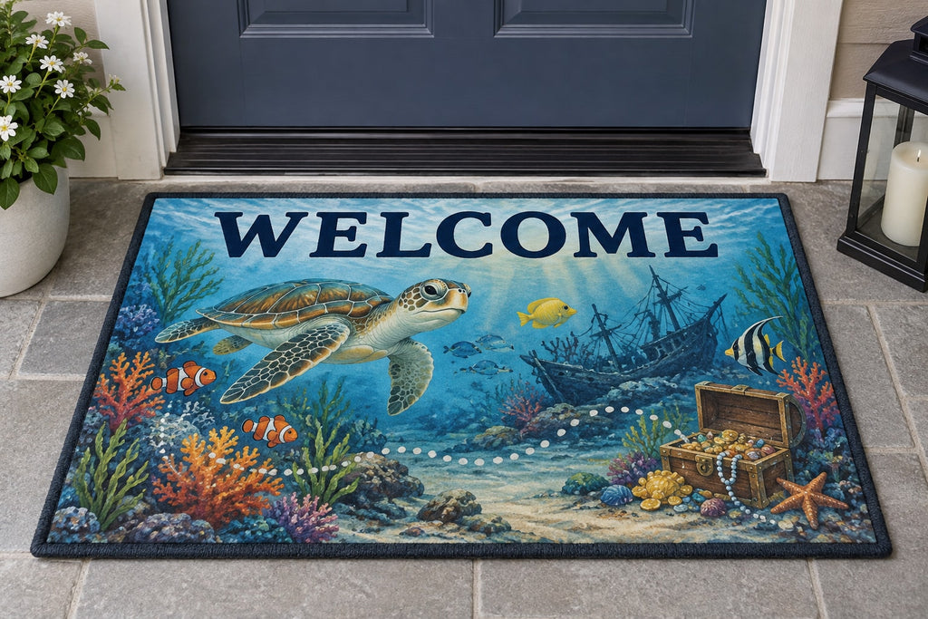 Underwater Treasure Map Welcome Mat with dimensional printed themed artwork; representative AI-generated mockup.