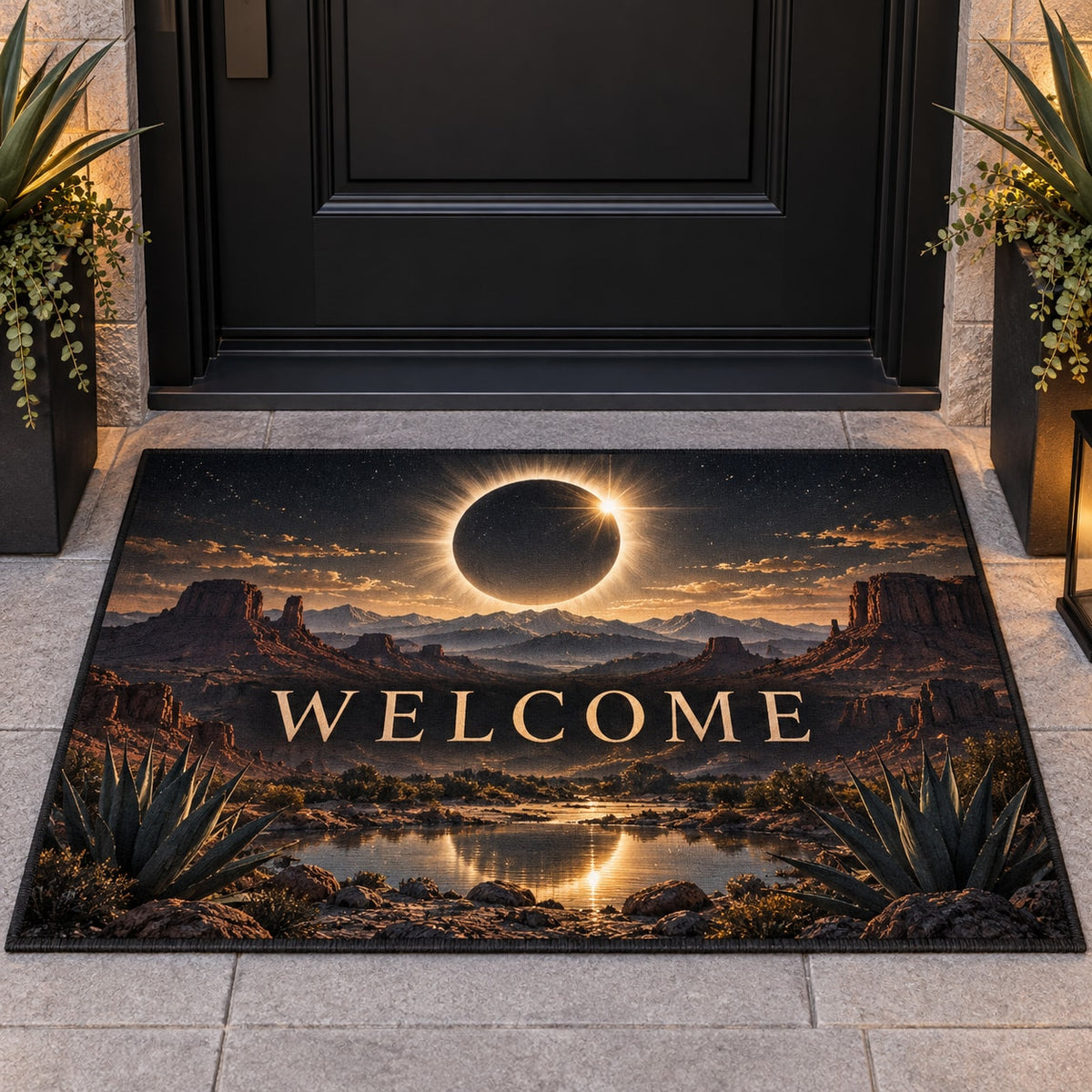 Solar Eclipse Welcome Mat with dimensional printed themed artwork; representative AI-generated mockup.