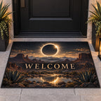 Solar Eclipse Welcome Mat with dimensional printed themed artwork; representative AI-generated mockup.