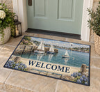 Sailboat Harbor Welcome Mat with dimensional printed themed artwork; representative AI-generated mockup.