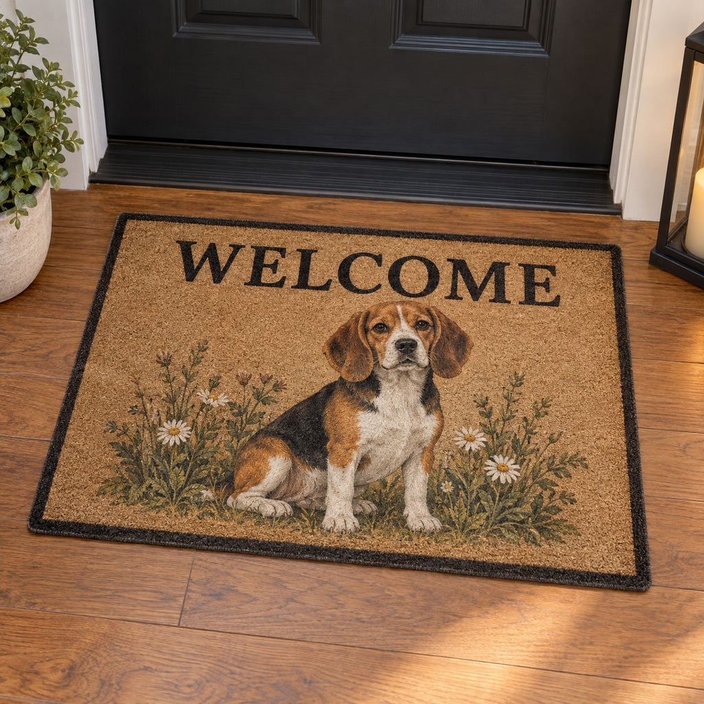 Beagle Welcome Mat with dimensional printed themed artwork; representative AI-generated mockup.