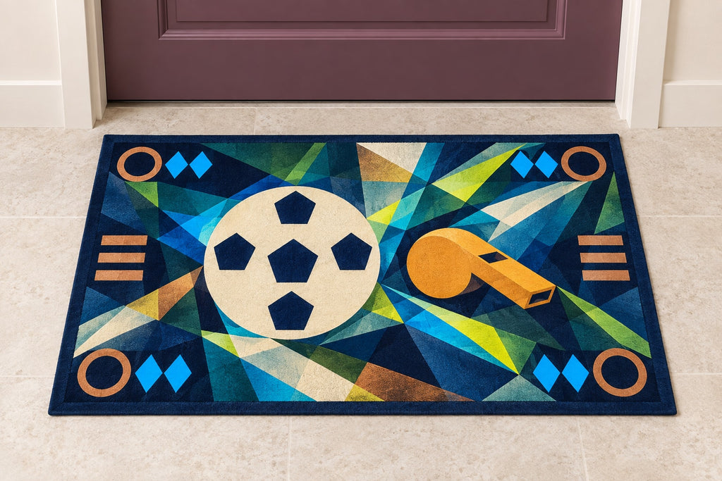 Touchline Signal Prism Welcome Mat with dimensional printed themed artwork; representative AI-generated mockup.