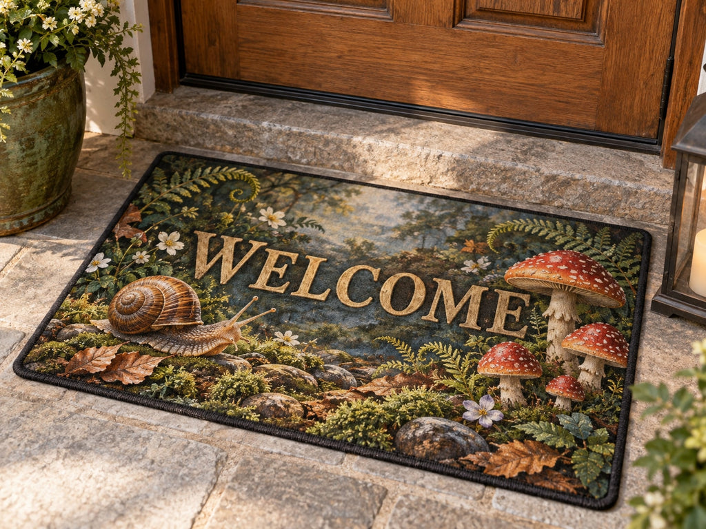 Snail and Toadstool Welcome Mat with dimensional printed themed artwork; representative AI-generated mockup.