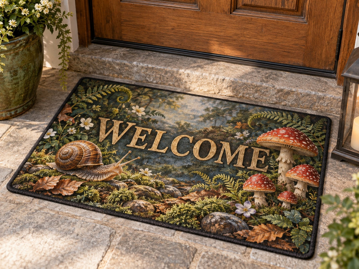 Snail and Toadstool Welcome Mat with dimensional printed themed artwork; representative AI-generated mockup.