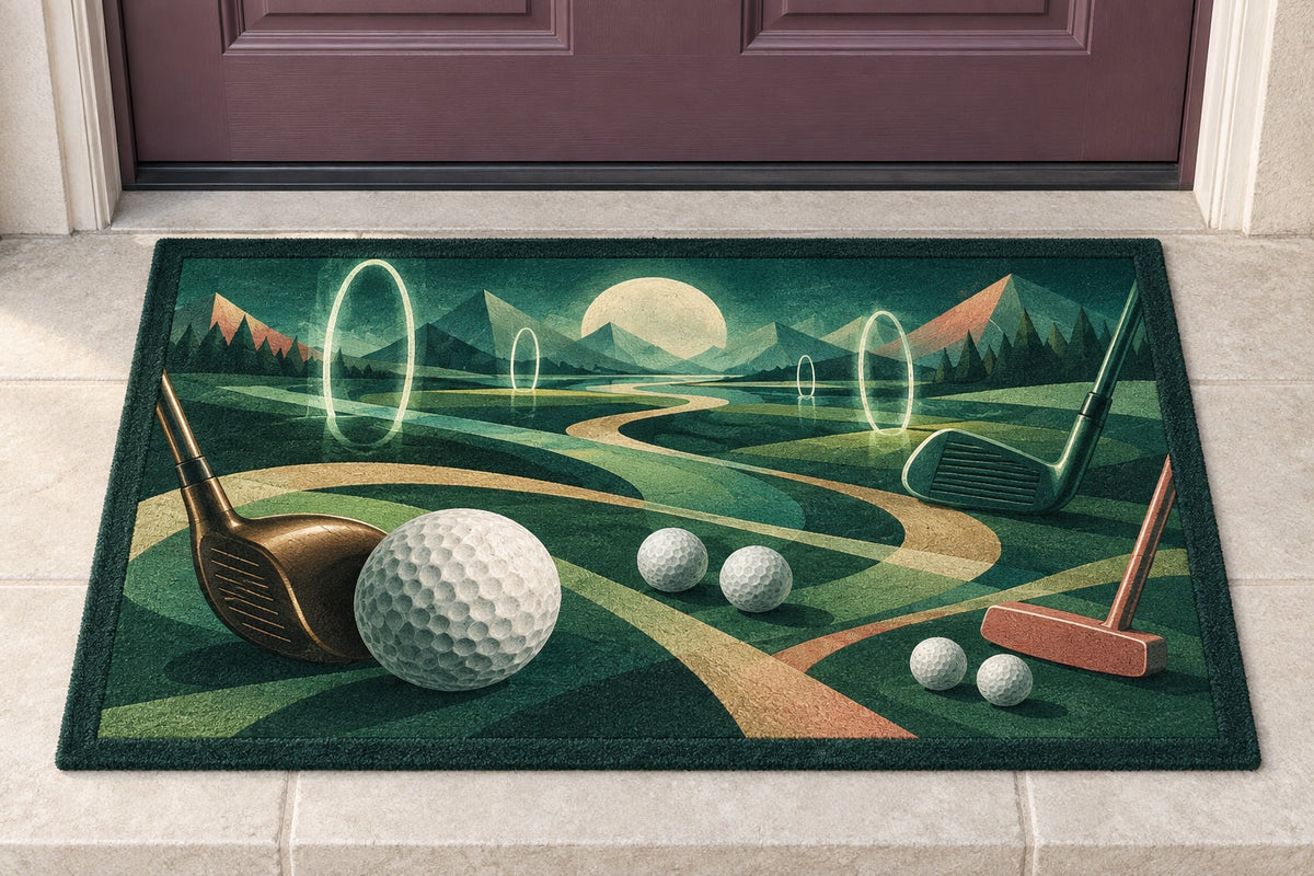 Verdant Pinflight Observatory Welcome Mat with dimensional printed themed artwork; representative AI-generated mockup.