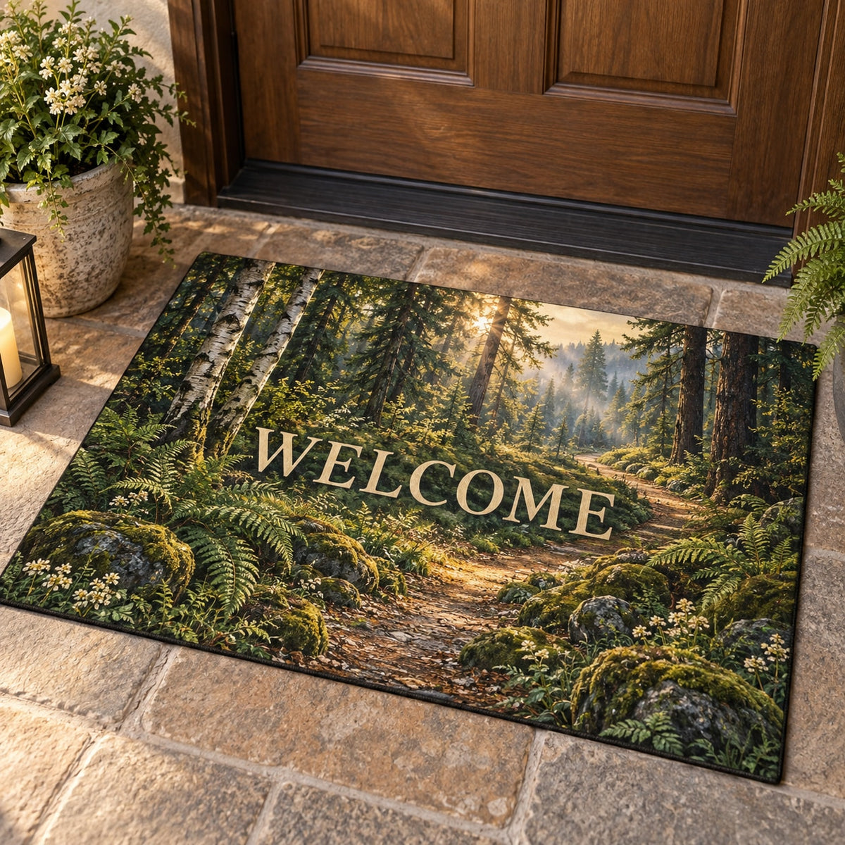 Forest Path Welcome Mat with dimensional printed themed artwork; representative AI-generated mockup.