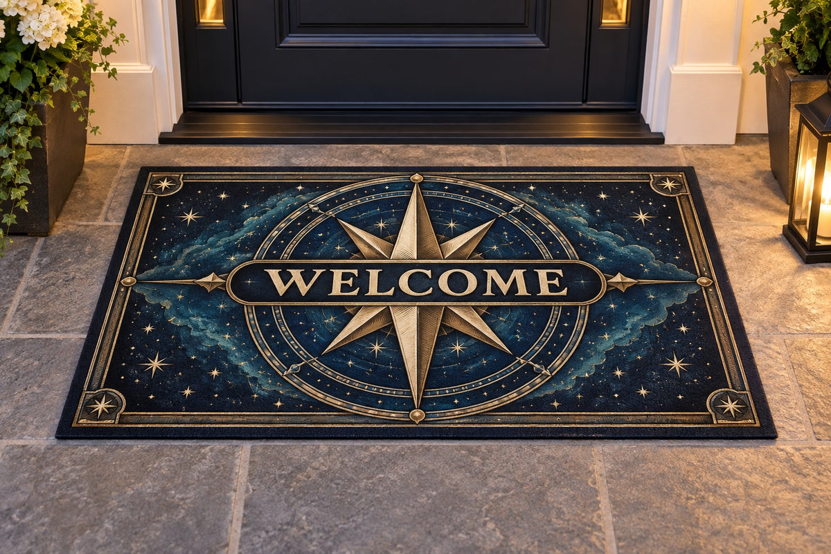 Star Compass Welcome Mat with dimensional printed themed artwork; representative AI-generated mockup.