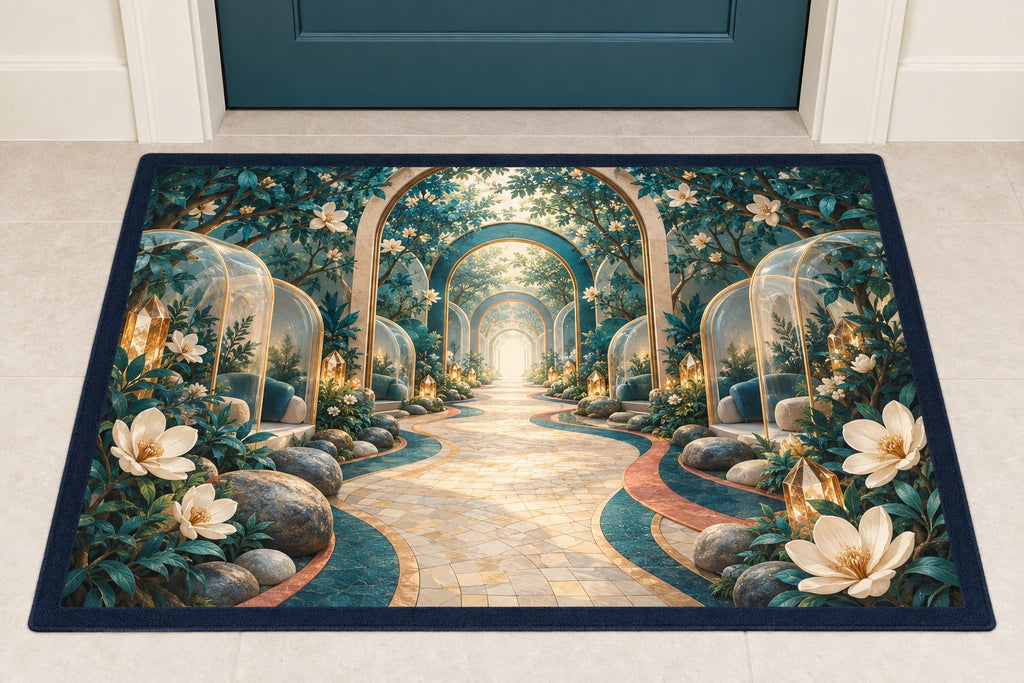 Empathy Pathway Sanctuary Welcome Mat with dimensional printed themed artwork; representative AI-generated mockup.