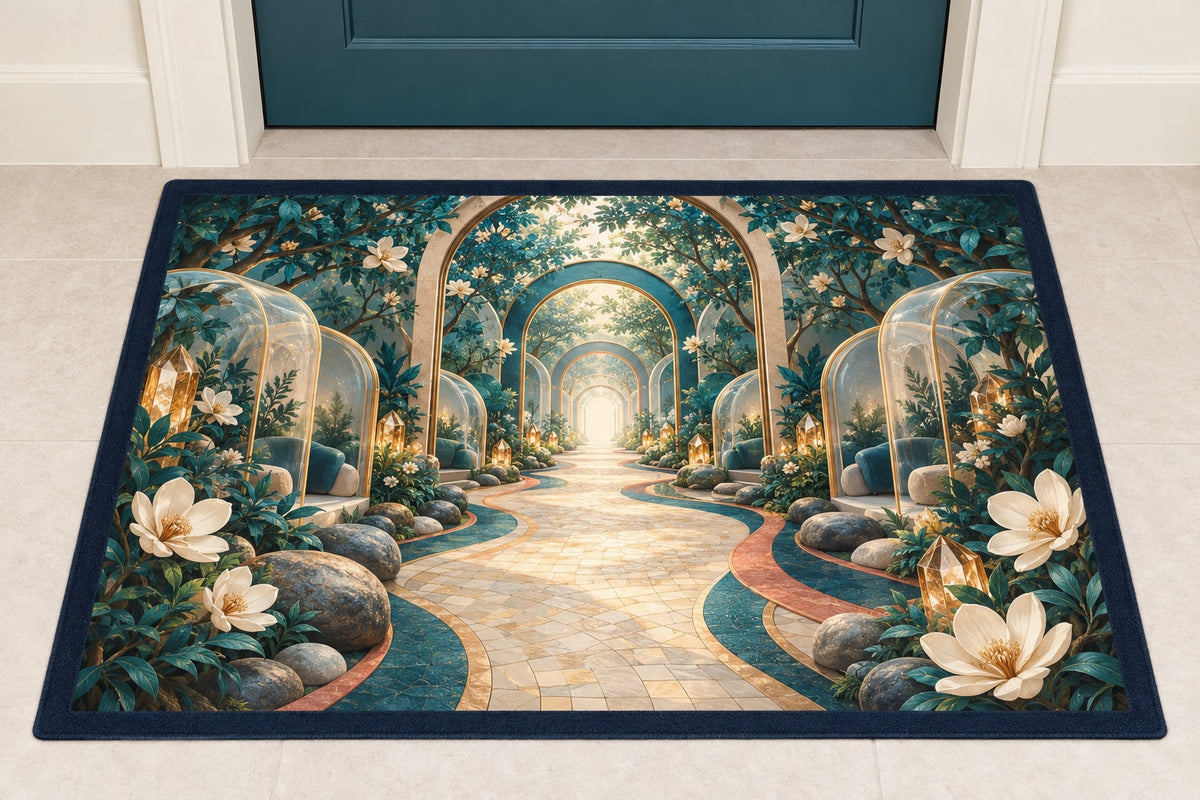 Empathy Pathway Sanctuary Welcome Mat with dimensional printed themed artwork; representative AI-generated mockup.