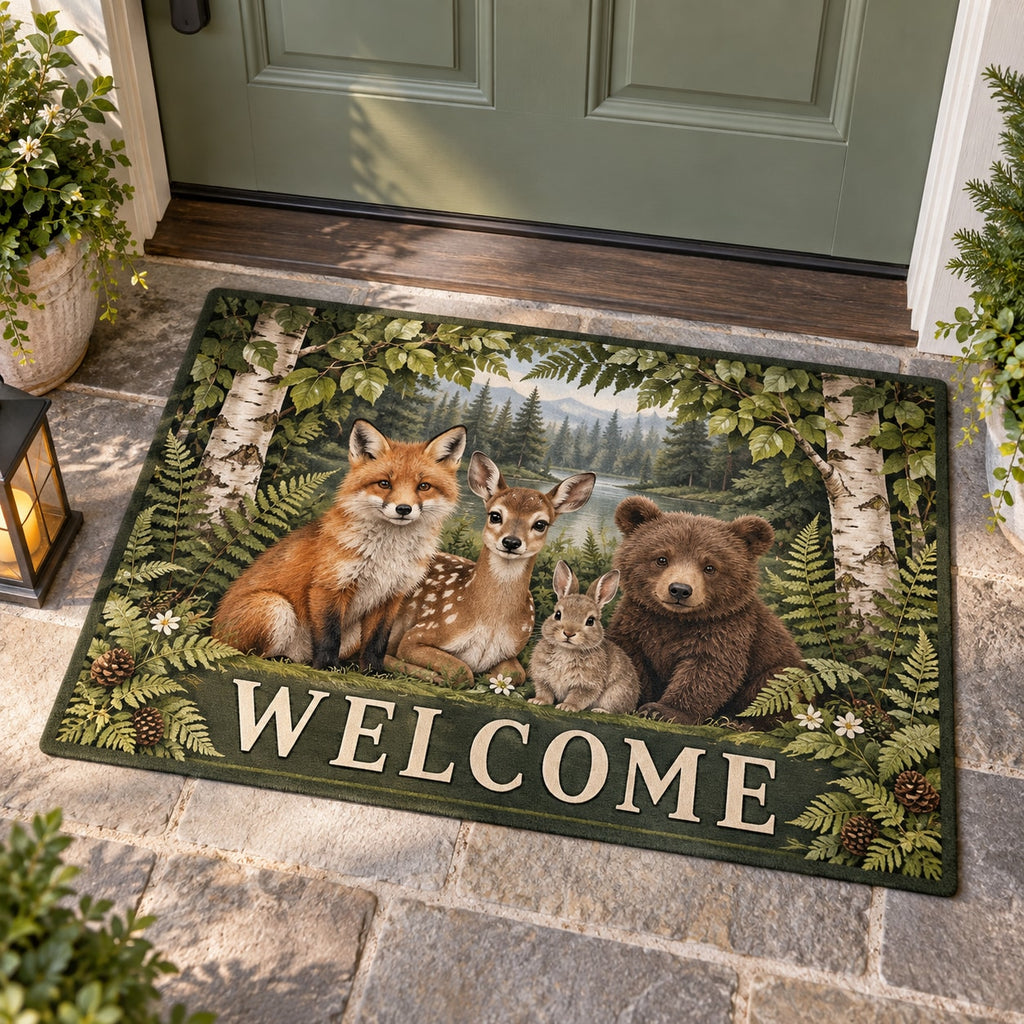 Woodland Animal Friends Welcome Mat with dimensional printed themed artwork; representative AI-generated mockup.