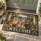 Woodland Animal Friends Welcome Mat with dimensional printed themed artwork; representative AI-generated mockup.