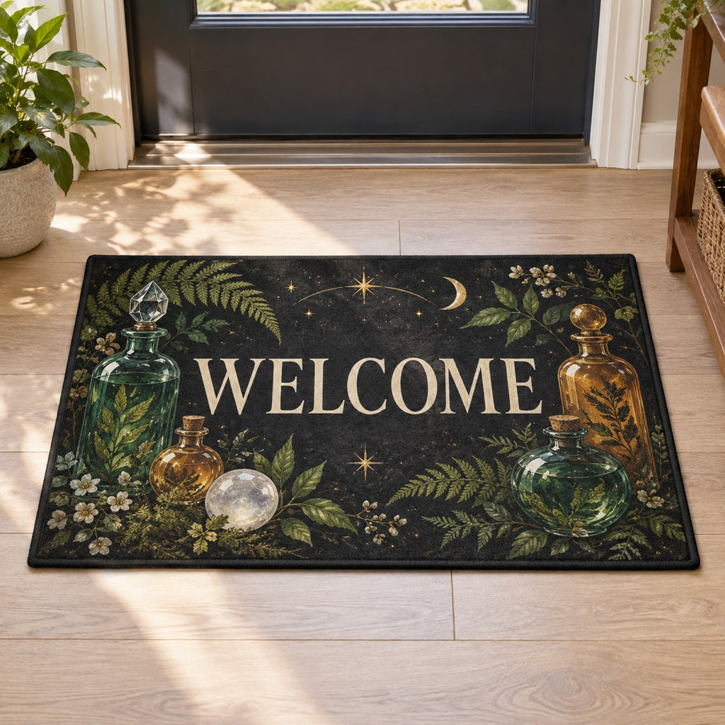 Potion Bottle Still Life Welcome Mat with dimensional printed themed artwork; representative AI-generated mockup.