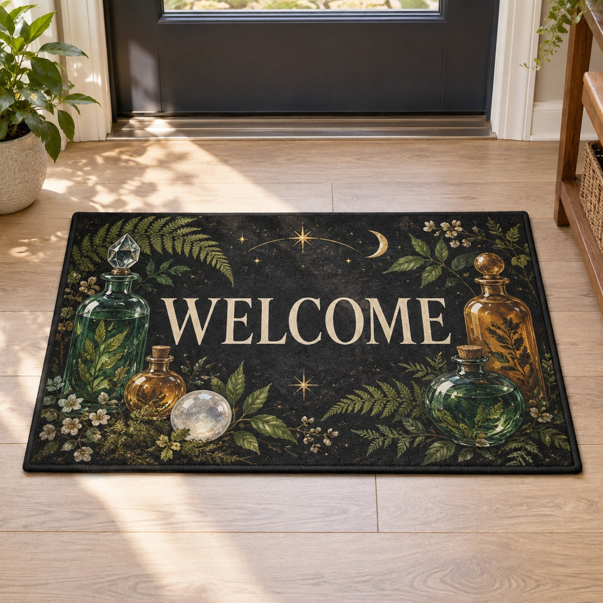 Potion Bottle Still Life Welcome Mat with dimensional printed themed artwork; representative AI-generated mockup.