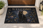 Black Cat Companion Welcome Mat with dimensional printed themed artwork; representative AI-generated mockup.