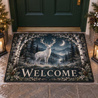 Moonlit White Stag Welcome Mat with dimensional printed themed artwork; representative AI-generated mockup.