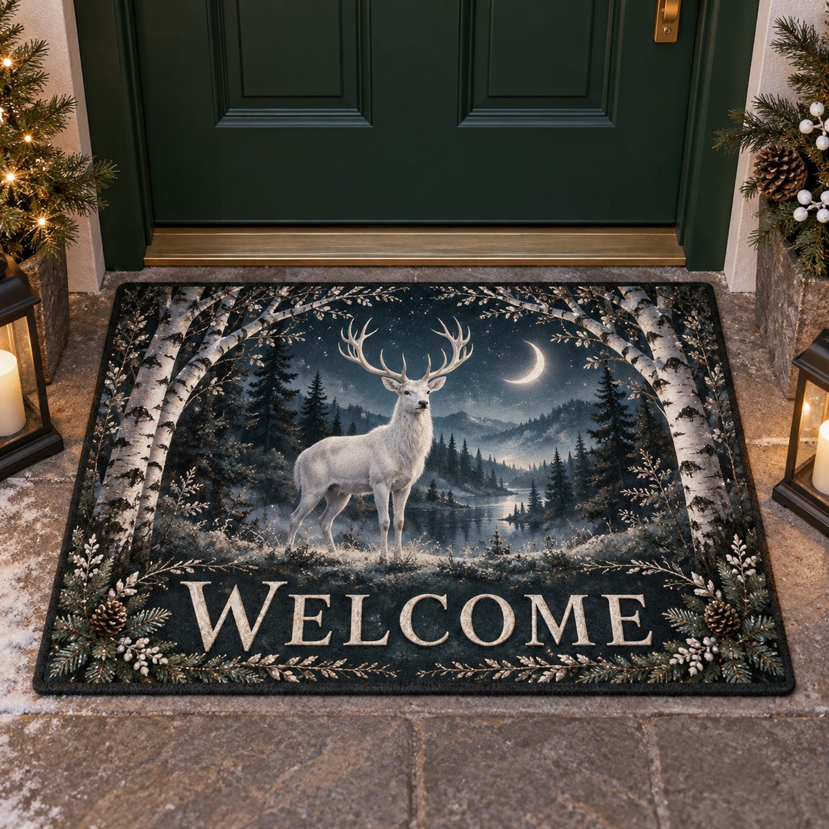 Moonlit White Stag Welcome Mat with dimensional printed themed artwork; representative AI-generated mockup.