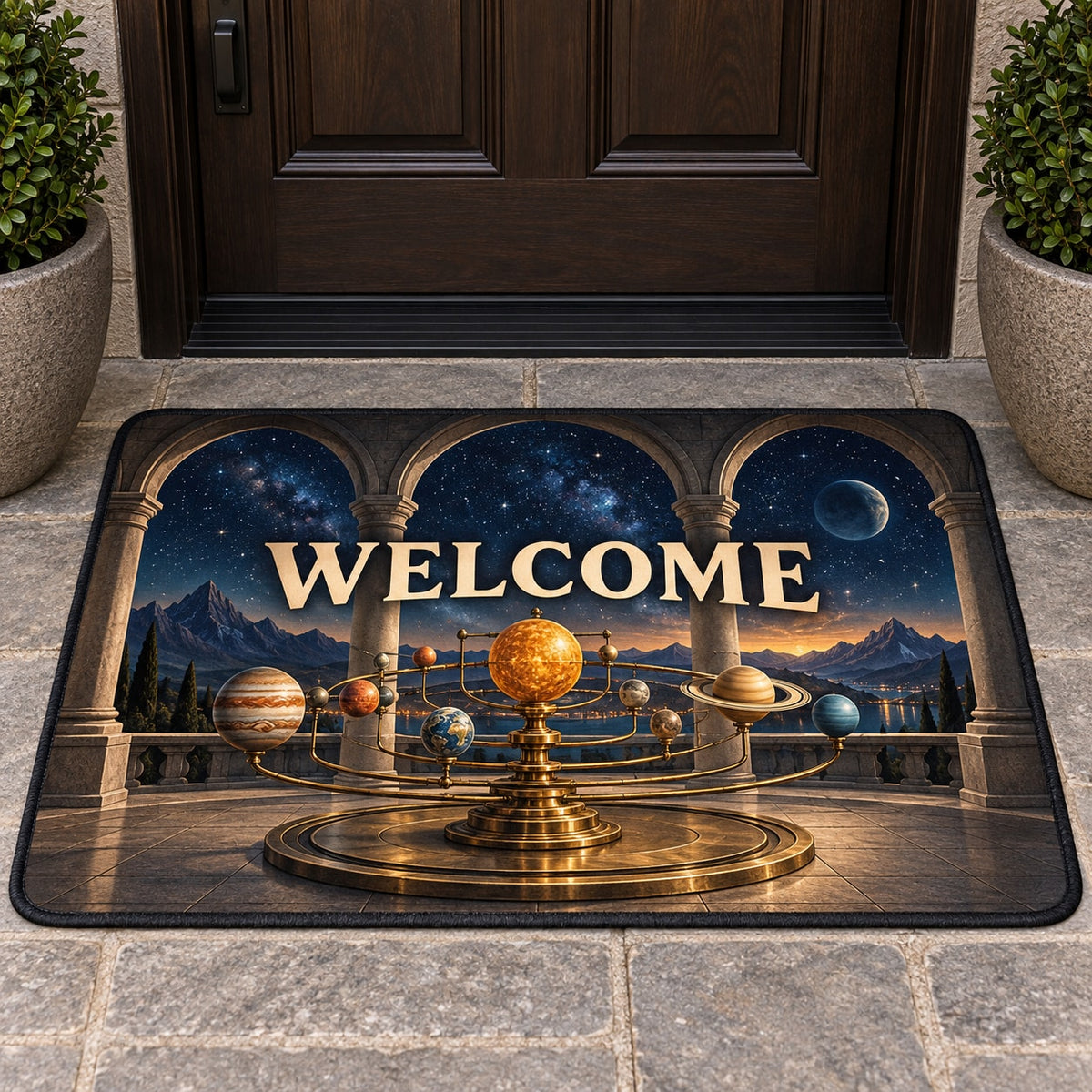 Vintage Solar System Welcome Mat with dimensional printed themed artwork; representative AI-generated mockup.