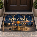 Vintage Solar System Welcome Mat with dimensional printed themed artwork; representative AI-generated mockup.