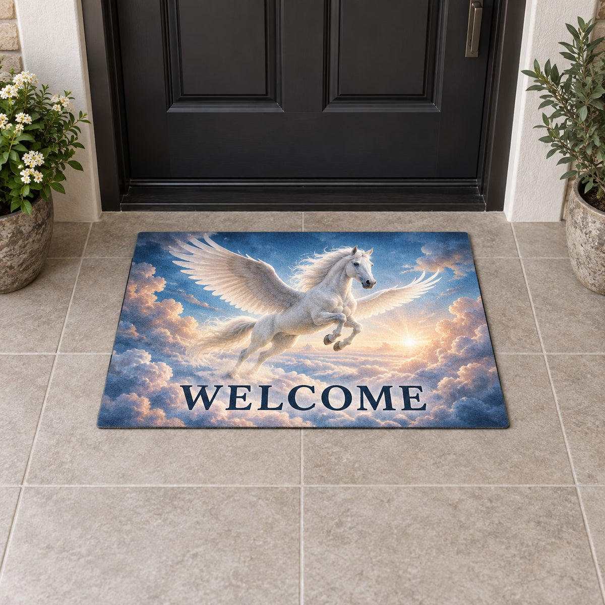 Pegasus Cloudscape Welcome Mat with dimensional printed themed artwork; representative AI-generated mockup.