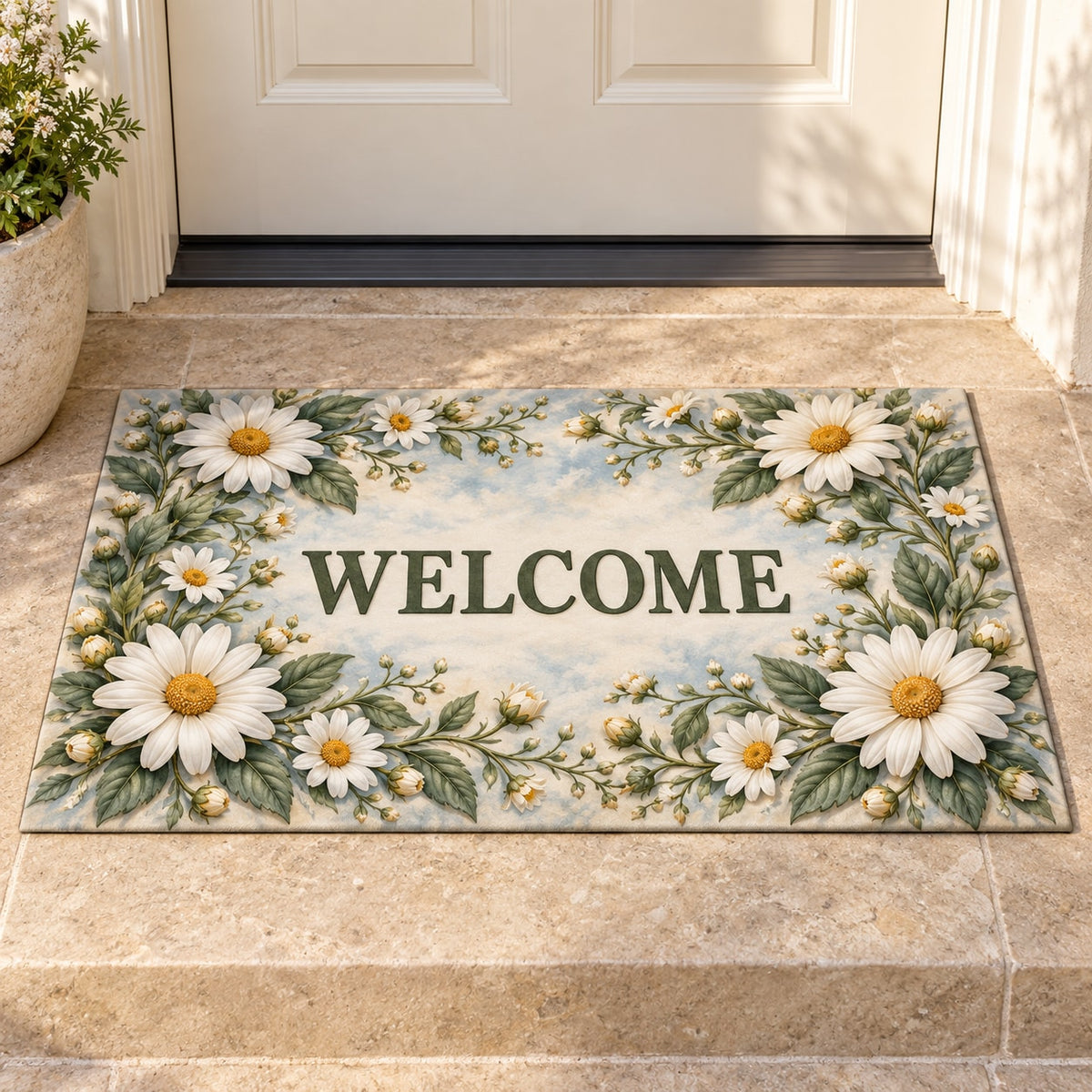 Daisy Chain Welcome Mat with dimensional printed themed artwork; representative AI-generated mockup.