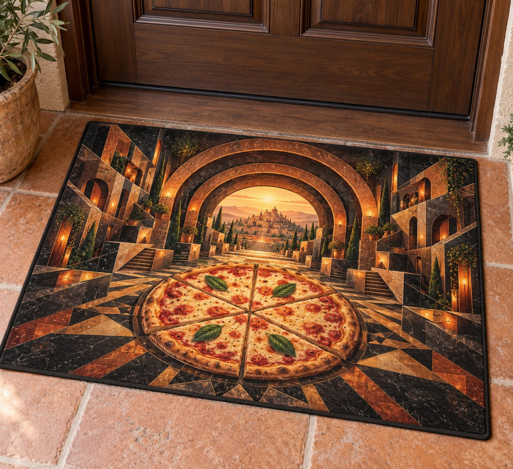 Pizza Night Ember Portal Welcome Mat with dimensional printed themed artwork; representative AI-generated mockup.