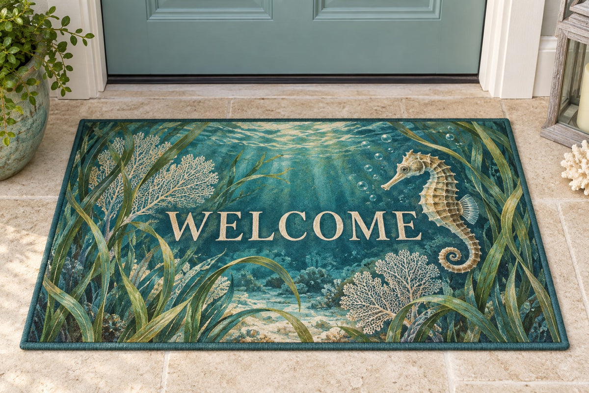 Seahorse Sea Grass Welcome Mat with dimensional printed themed artwork; representative AI-generated mockup.