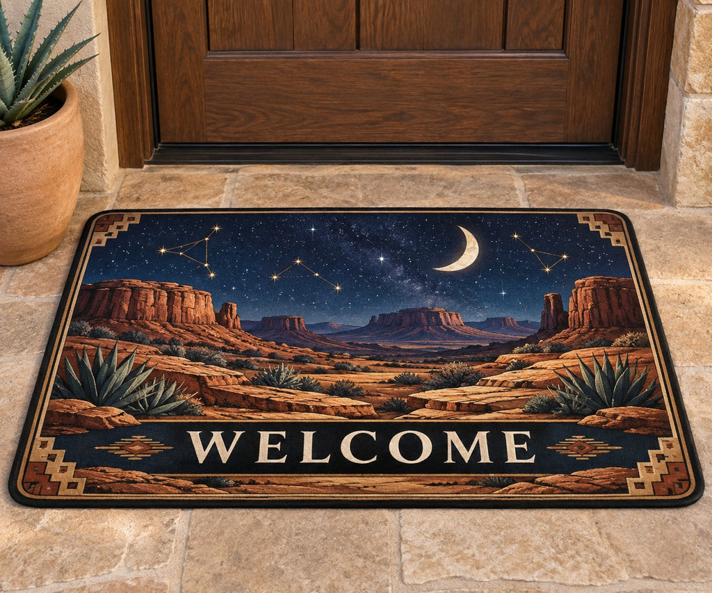 Desert Night Sky Welcome Mat with dimensional printed themed artwork; representative AI-generated mockup.