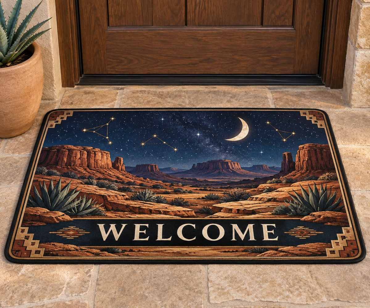 Desert Night Sky Welcome Mat with dimensional printed themed artwork; representative AI-generated mockup.